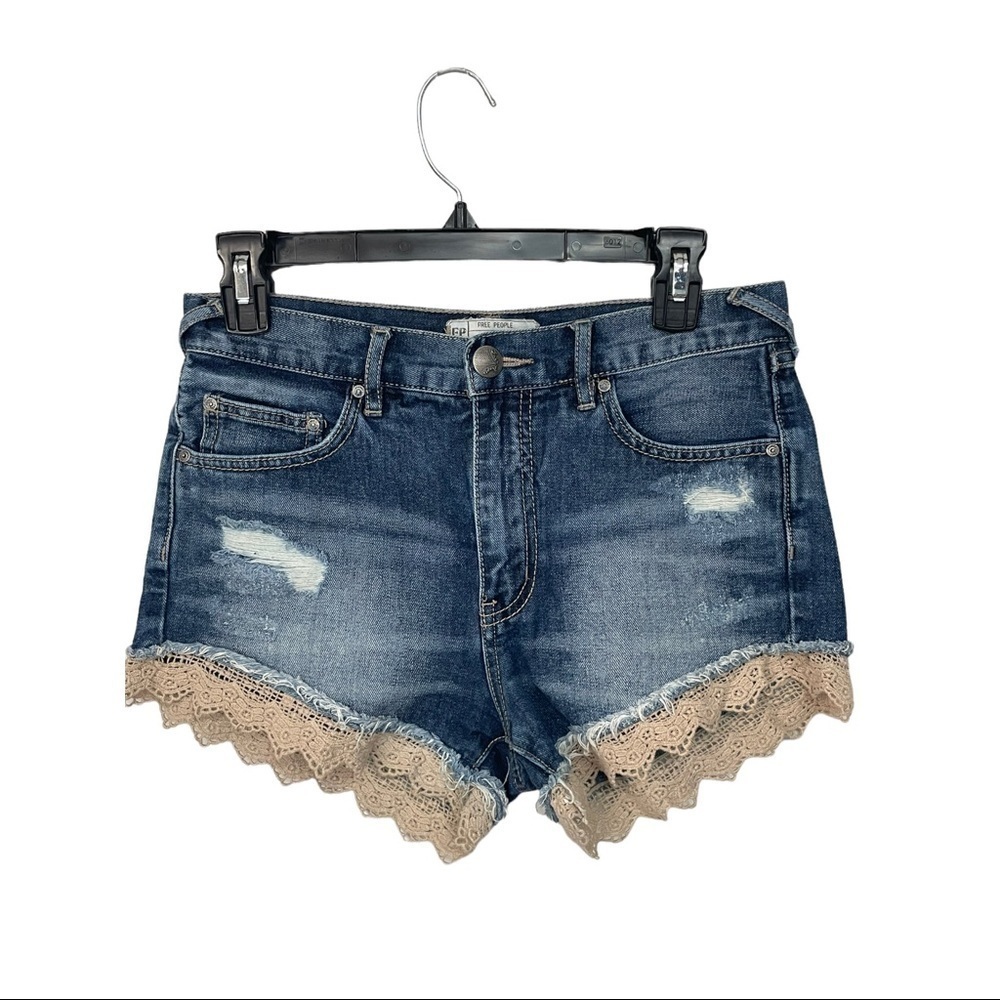 Free People Denim Distressed Short Ivory Crochet Trim 25